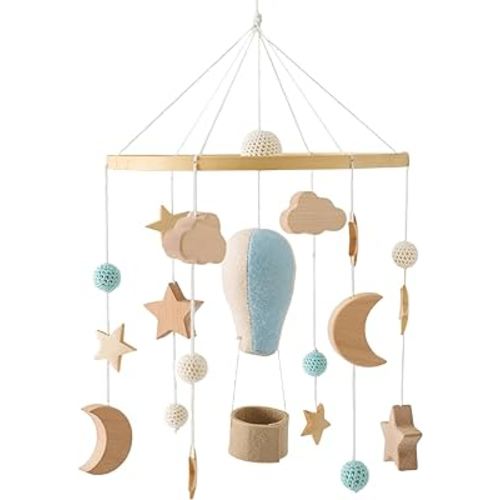 OESSUF Baby Mobile for Crib, Nursery Bassinet Boho Mobiles Wooden Portable Cribs Toys Hanging, Girl Boys Gifts for Infant Bedroom Furniture Accessories Decor- Hot Air Balloon