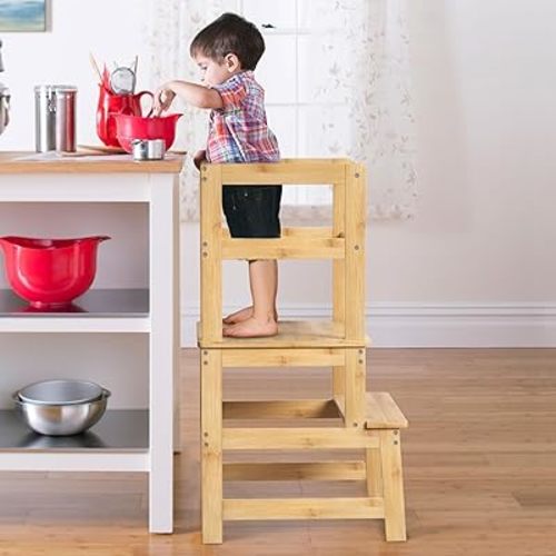 Toddler Step Stool, Wooden Kids Montessori Learning Standing Tower, Kid Kitchen Stools Helper with Safety Rail, Wide Platform Design, A Anti-tip Structure, Bulywood