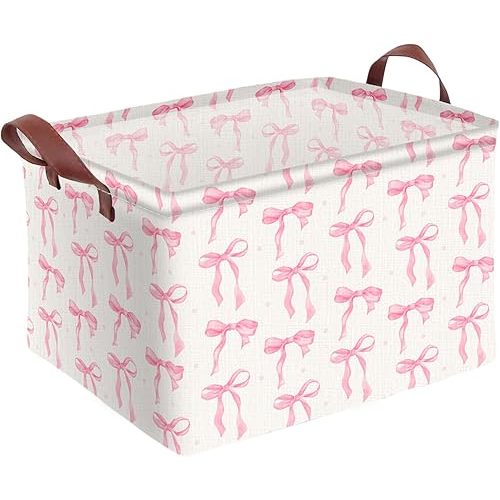 Pink Bow Storage Basket Waterproof Canvas Toy Storage Bin Coquette Room Decor Collapsible Outdoor Basket with Leather Handles Pink Bow Room Decor Blanket Baskets For Closets,Bedrooms,Gifts Baskets