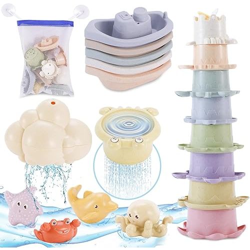Chinloca Baby Bath Toys for 1-3 Year Olds, Kids Toddler Mold Free Floating Bath Toys, Sensory Bathtub Water Toys with Bath Boats/Stacking Cups/Squirt Toys/Storage Bag