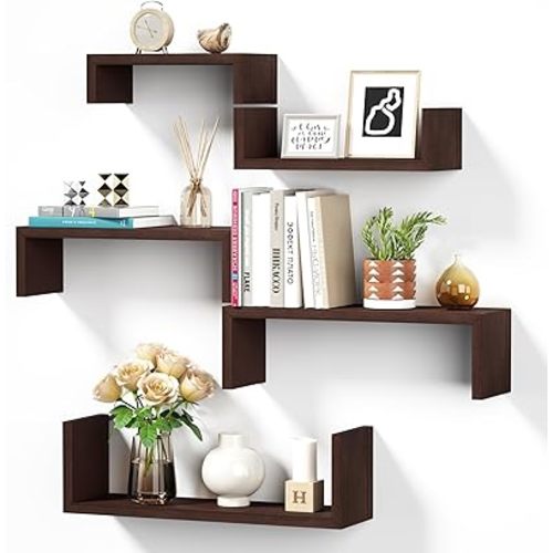 SRIWATANA Floating Shelves for Bathroom, Bedroom, Living Room, Kitchen, Office - Wood Shelves for Wall Decor Set of 5 (Dark Walnut)