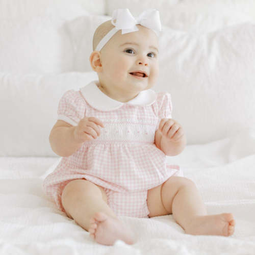 Mini Checks Smocked Short Sleeve Bubble - Pink