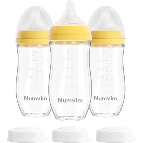 Natural Glass Baby Bottles Gentle & Extra Slow Flow, Newborn Breastfeeding Bottle with Anti Colic Nipple for 0 Months Babies, 3 Packs (Yellow (8 Ounce), 1 Count (Pack of 3))