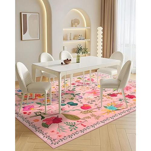 Boho Washable Area Rug 5x7 – Floral Low Pile Non-Slip Carpet for Living Room, Bedroom, Office, Playroom, Entryway, Kitchen, Dining Room (Pink)