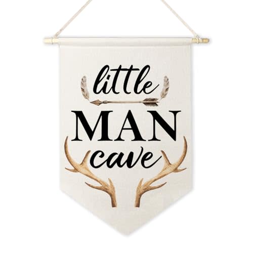 ArtisaEura Little Man Cave Wall Canvas Banners, Western Nursery Decor, Rustic Western Antlers Hanging Display Pennant Banner Flags, Nursery Wall Decor for Kids Boys Room Bedroom Playroom