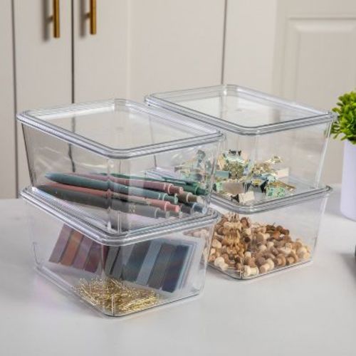 Martha Stewart 4pc 6.75" x 5" Plastic Stackable Storage Box with Lids Clear: Desk Organizer & Office Supplies Set