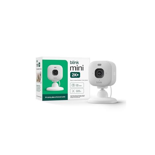 Blink Mini 2K+ (newest model) – Plug-in Home & Pet Indoor Security Camera with 2K video resolution, night vision, enhanced audio, motion detection – 1 camera (White)