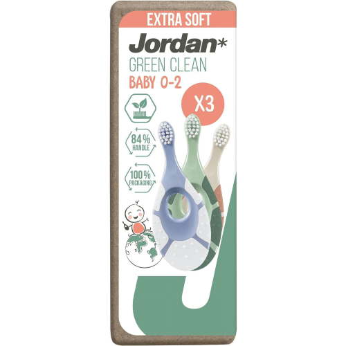 Jordan* ® | Step 1 Green Clean Toddler Toothbrush | Sustainable Baby Toothbrush 0-2 Years | Bio Based Extra Soft bristles, 84% Recycled Handle, Soft Biting Ring | Mixed Colors | Pack 3 Units