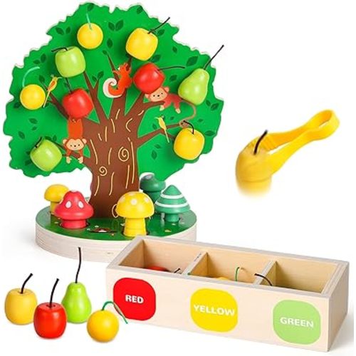 Toddler Fine Motor Skill Toy - Apple Picking Magnetic Fruit Tree Toy | Montessori Wooden Color & Shape Sorting Puzzle | Early Learning Preschool Educational Birthday Toy for Kids 3-6