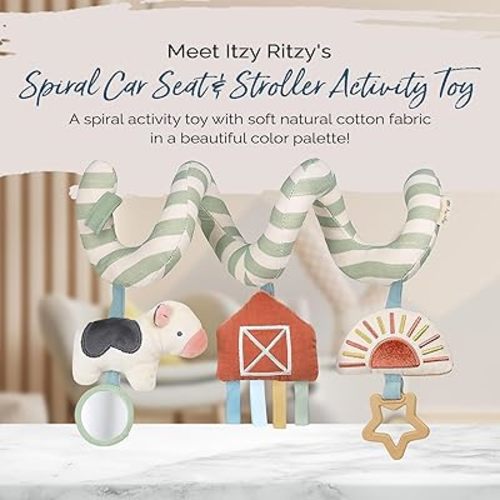 Itzy Ritzy Spiral Car Seat & Stroller Activity Toy - Stroller & Car Seat Toys for Ages 0 Months and Up - Hanging Toys Include Dangling Ring, Mirror and Textured Ribbons (Farm)