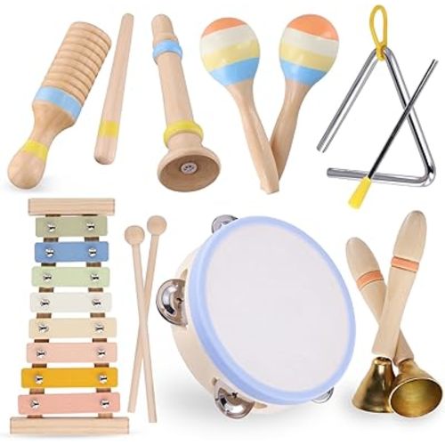 Montessori Wooden Musical Instruments for Toddlers 1-3, Baby Music Toy Set with Xylophone, Tambourine, Triangle, Clarinet, Maracas, Natural Sensory Educational Toys for Boys and Girls