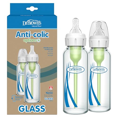 Dr. Brown's Natural Flow Anti-Colic Options+ Narrow Glass Baby Bottle 8 oz/250 mL, with Level 1 Slow Flow Nipple, 2 Pack, 0m+