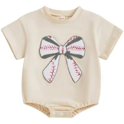 Newborn Baseball Outfit Baby Girl Baseball Bow Embroidery Bubble Romper Short Sleeve One Piece Sweater Bodysuit