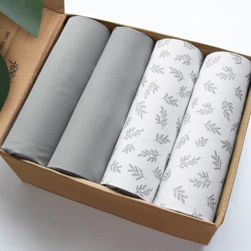 Mini Crib Sheets 4 Pack for Baby Boys & Girls, Neutral Mini Crib Sheet Fitted 38'' x 24'' for Standard Mini Crib Mattress, Ultra Soft Material Baby Mini Sheet, Grey Leaf