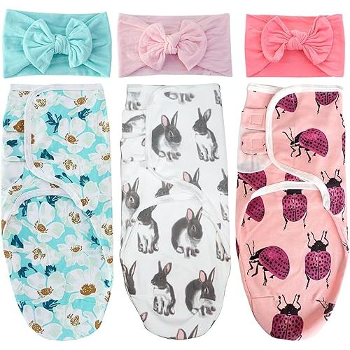 EZ Moms 3 Pack Baby Swaddle Sack 100% Cotton Soft Velcro Swaddle 3-6 Months Adjustable Easy Baby Girl Swaddles Blanket Cute Comfortable Preemie Swaddles Newborn Sleep Sack with 3pcs Headbands