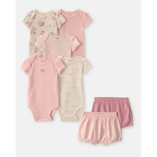 Baby Girl 7-Piece Bodysuits & Shorts Set - Pink/Ivory | Carter's