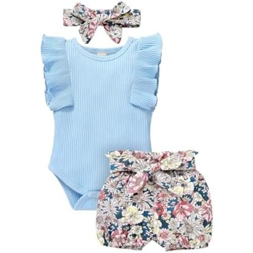 Tiny Cutey Baby Girl Clothes Infant Summer Outfits Set Ruffle Sleeve Romper and Floral Shorts with Headband