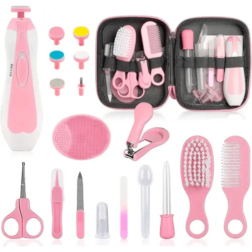Baby Grooming Kit - 19 in 1 Nursery Essentials Baby Registry Shower Gift for Newborns, Infants, Toddlers, Boys, Girls Kids-Safety Baby Comb, Brush, Finger Toothbrush, Nail Clippers, Scissors(Pink)