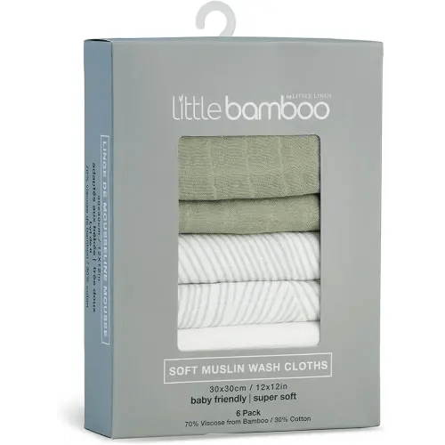 Little Bamboo Muslin Baby Face Washer Cloths 6 Pack - Bayleaf