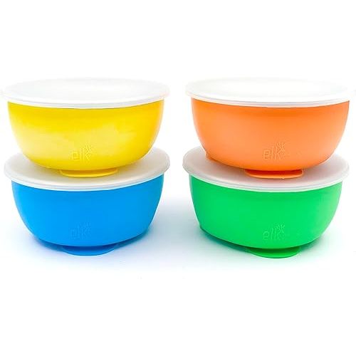 Elk and Friends Stainless Steel Bowls with Silicone Sleeve for Babies & Toddlers | Lids Included | Stay Put Suction | Cereal & Snack Bowls | 4 Pack