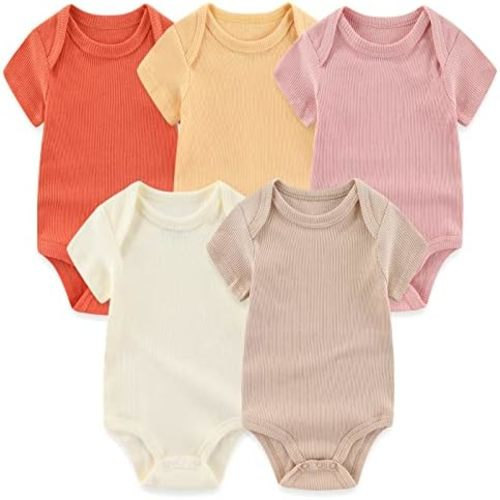 MAMIMAKA Newborn Baby Short Sleeve Bodysuit Cotton One-Piece Baby Clothes 5-Pack, 0-12 Months