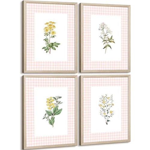 Floral Wall Art Decor Nursery Flower Canvas Wall Art Prints Vintage Wildflower Nursery Wall Decor Baby Girls Floral Poster Vintage Botanical Pictures for Bedroom 8x10 Inch Wood Framed Set of 4