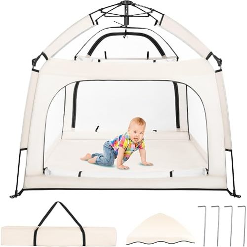 Portable Baby Playpen with Canopy, Infant Play Yard, Beach Tent, Mosquito Net for Indoor and Outdoor (Beige)