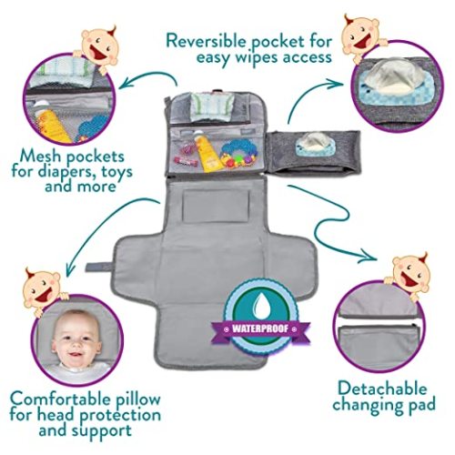 Portable Diaper Changing Pad, Portable Changing pad for Newborn Girl & Boy - Baby Changing Pad with Smart Wipes Pocket – Waterproof Travel Changing Kit - Baby Gift by Kopi Baby - Grey - Classic