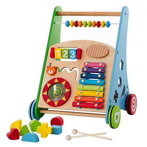 Wooden Push and Pull Learning Walker for Toddlers Boys and Girls – with Multiple Activity Center – Adjustable Speed Feature - Birthday Gift-Baby Toys – Kids’ Activity Push Toy