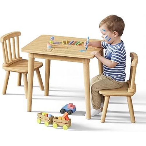 Brelley Solid Wood Kids Table and 2 Chairs Set, Toddler Desk 23.6" L x 19.7" W and Chair Set, Graffiti Desktop, Classroom/Daycare/Home, Children Multi-Activity Table for Ages 2-8