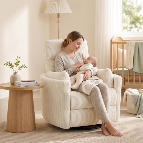 Enthymia Adult Power Corduroy Nursery USB Port and 270 Degree Swivel Rocking Recliner with 2 Pillows, Beige
