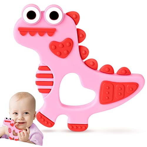 NPET Pink Dinosaur Teething Toys for Babies 3 Months Silicone Teething Toy Gift Girls Boys Baby Birthday Gifts Chocking-Proof Design Gum Massager