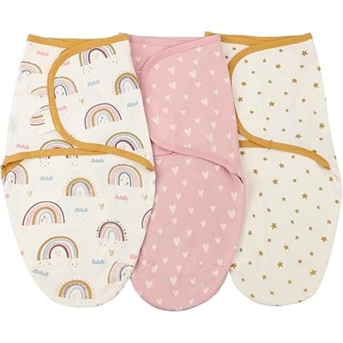 insular Baby Swaddle Wrap, Swaddle Blanket for Newborn and Infant, Adjustable Swaddling Set for Boy and Girl, Soft Cotton Baby Sleep Sack 3 Pack, Rainbow&Pink Love, Small(0-3 Month)