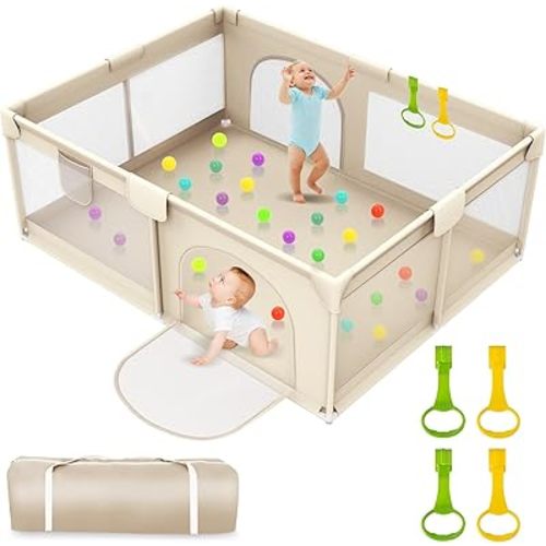 Playpen for Babies and Toddlers 71x59inch - Extra Large Baby Gate Playpen with Soft Breathable Mesh Cover - Indoor and Outdoor Baby Playpen - Portable Playpen for Babies (Beige)
