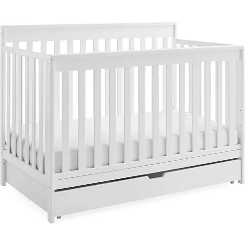 Delta Children Mercer 6-in-1 Convertible Crib with Storage Trundle, Greenguard Gold Certified, Bianca White
