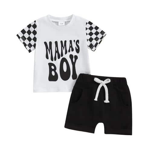 FOCUSNORM Toddler Boys Summer Outfits Mamas Boy Checkerboard Short Sleeve T-Shirts Tops and Elastic Waist Shorts Clothes Sets