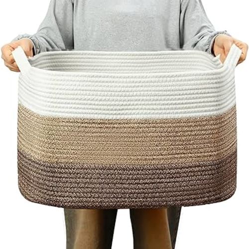 PandaEar Large Cotton Rope Basket with Handles, Rectangle Woven Storage Basket Organizer for Living Room, Blankets, Toys, Baby Nursery Laundry Baskets Toy Bin, 21.2 x 16.9 x 11.8 inches