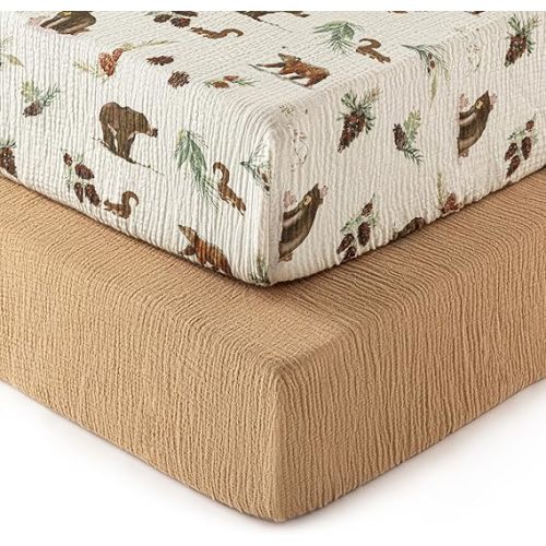 david's kids Muslin Crib Sheets for Boys, 2 Pack 100% Cotton Soft Breathable Fitted Baby Sheet Set, Standard 52"x28" Crib and Toddler Mattress, Woodland Animal