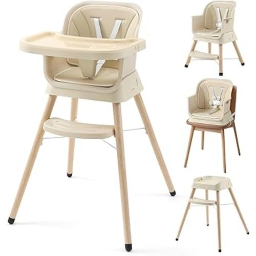 3-in-1 Convertible Baby High Chair, Booster Seat for Dining Table, Wooden High Chair for Babies and Toddlers, Easy Clean Infant Highchair with Removable Double Tray & 5-Point Harness, Beige