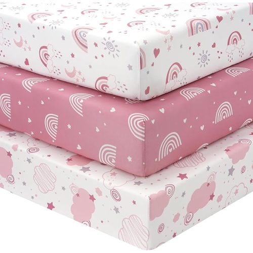 FIEMOL Lot de 3 draps-housses en microfibre super douce pour matelas de berceau standard de 132,1 x 71,1 cm, pour lit d'enfant fille, arc-en-ciel rose