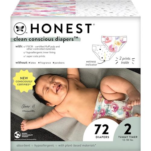 The Honest Company Clean Conscious Diapers for Sensitive Skin | Hypoallergenic, Fragrance Free | Girl Prints | Club Box, Size 2 (12-18 lbs), 72 Count
