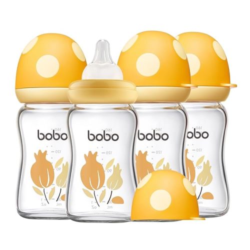 YOHKOH Biberón de vidrio natural con pezón de respuesta natural, biberones anticólicos para recién nacidos, biberón con tapa de hongo de cuello ancho, transparente (amarillo, (5.4 onzas (paquete de