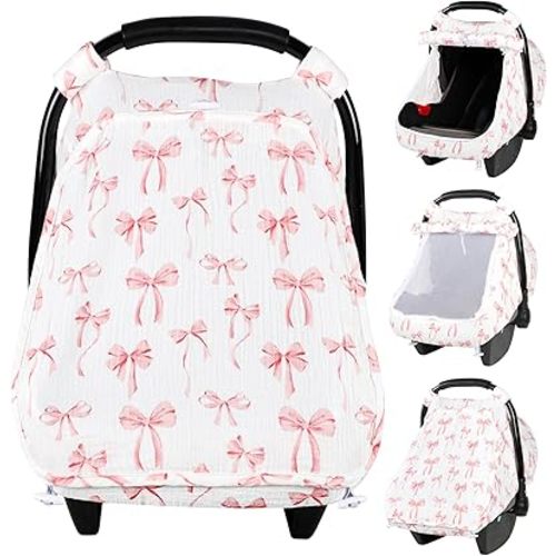 Car Seat Cover Baby Girls, Infant Car Seat Cover for Summer Use, Muslin Carseat Cover with Large Mesh Window, Breathable Newborn Car Seat Canopy, Pink Bow