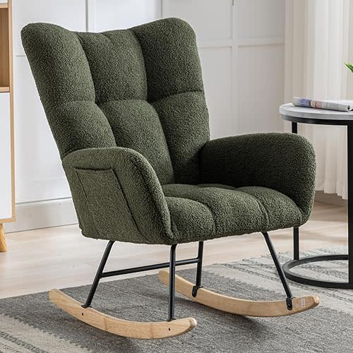 Nursery Rocking Chair,Soft Teddy Fabric accent chair with Backrest & Armchair,Glider Rocker recliner with Padded Seat,comfy chair for bedroom Living Room Offices Balcony,lounge chair (dark green)