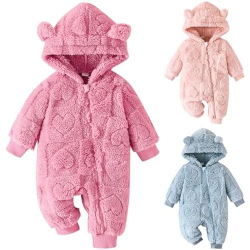Winmany Newborn Baby Cartoon Bear Snowsuit Winter Fleece Coat Outfits Cold Weather Hooded Heart Jumpsuit Warm Outwear