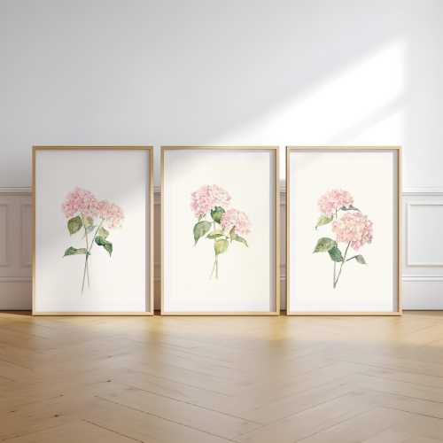Pink Hydrangea Watercolor Print Set: Minimalist Floral Wall Art