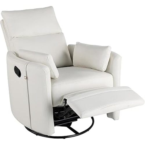 Rocking and Swiveling Recliner Chair with Detachable Pillows and Extended Footrest,Curved Ergonomic Armrests Linen Fabric and Iron Frame,Beige