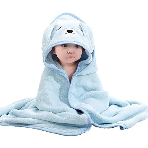 Flannel Fleece Animal Hooded Soft Children's Hooded Cloak Cartoon Baby Coral Fleece Kids Bath Towel (Light Blue)