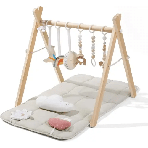Foldable Baby Play Gym with Mat, Wooden Play Gym with 9 Sensory Toys, Frame Activity Center, Natural Pine Wood, Montessori Toys, Easy to Assemble & Clean, Newborn Gift,Natural