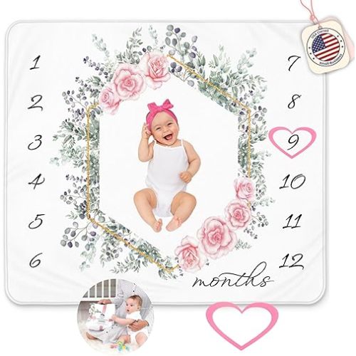 Milestone Blanket for Baby Girl, Baby Girl Milestone Blanket, Monthly Floral Baby Growth Blanket, Eucalyptus and Rose Design,Baby Monthly Milestone Blanket Includes Headband and Wreath